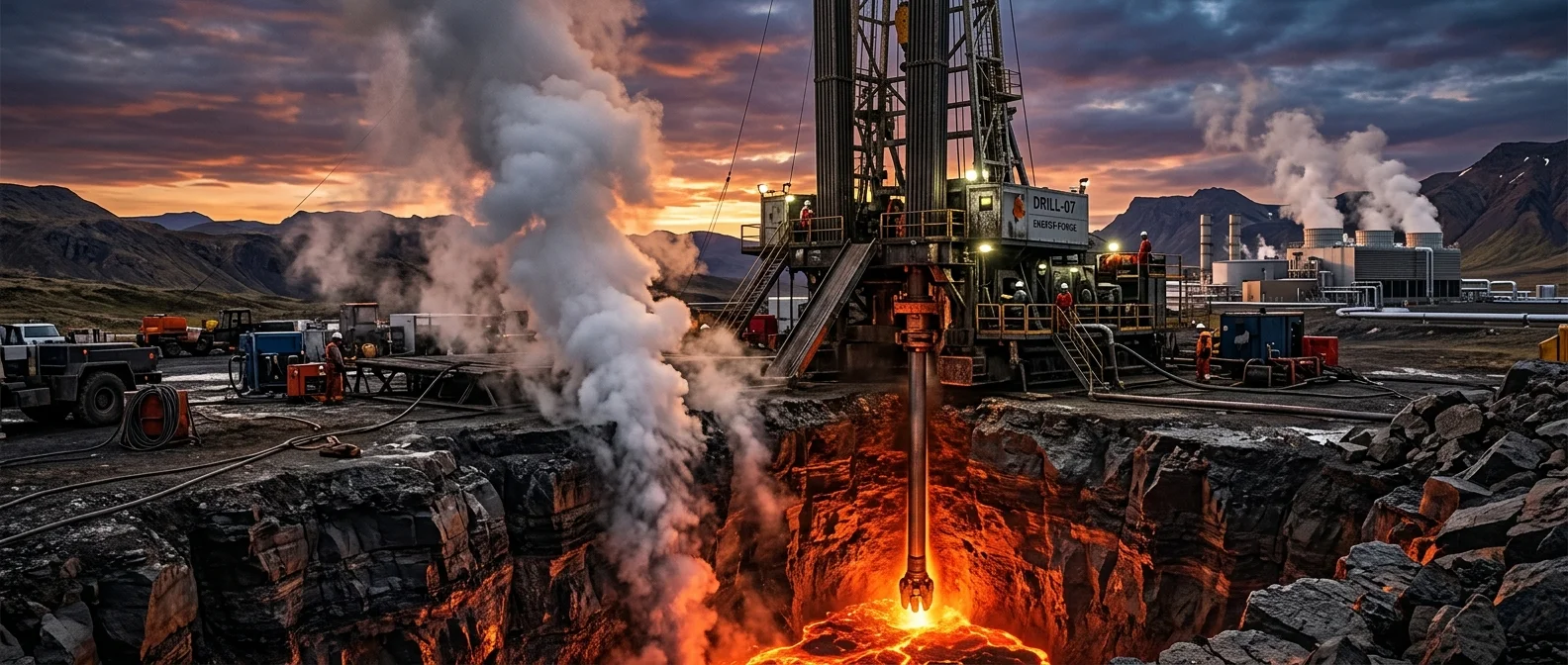 Deep geothermal drilling rig accessing Earth's core heat at 20km depth for unlimited clean energy production