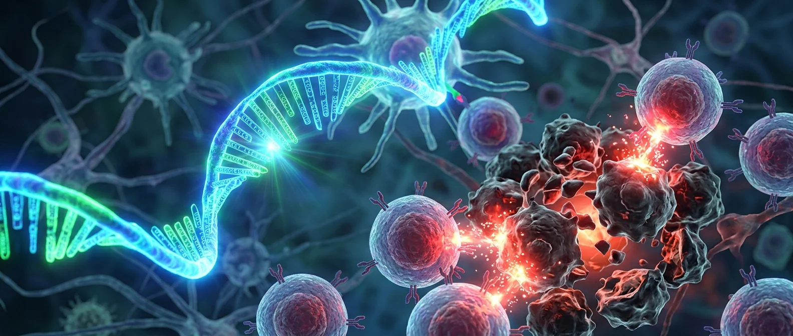 Scientists developing personalized mRNA cancer vaccines in laboratory setting with molecular structures