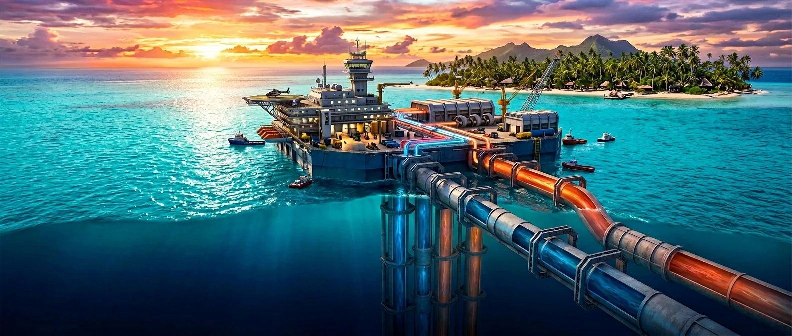 OTEC power plant diagram showing warm surface water and cold deep water temperature differential for energy generation