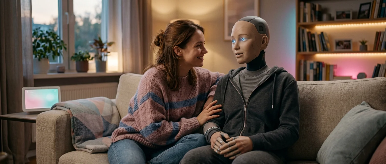 Person using smartphone to chat with AI companion app showing emotional conversation interface