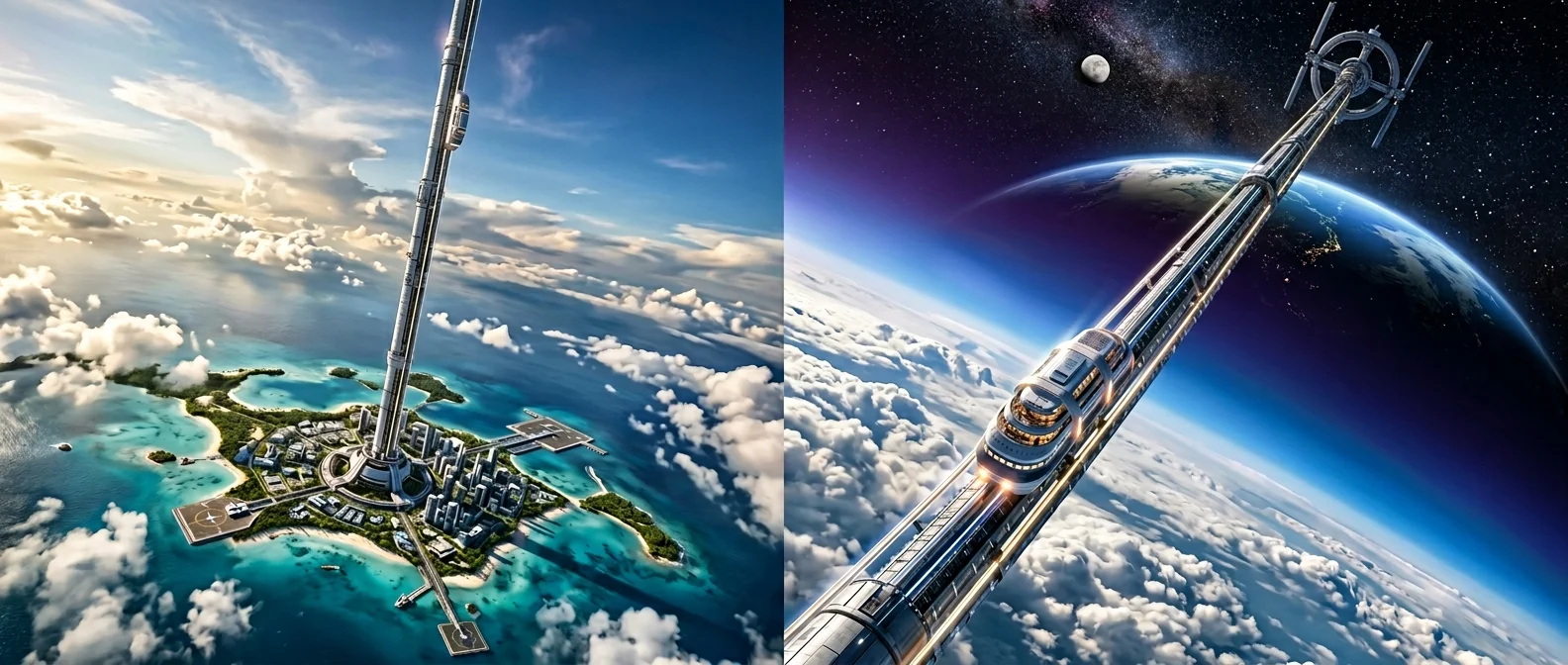 Conceptual visualization of a space elevator cable extending from Earth's equator to geostationary orbit