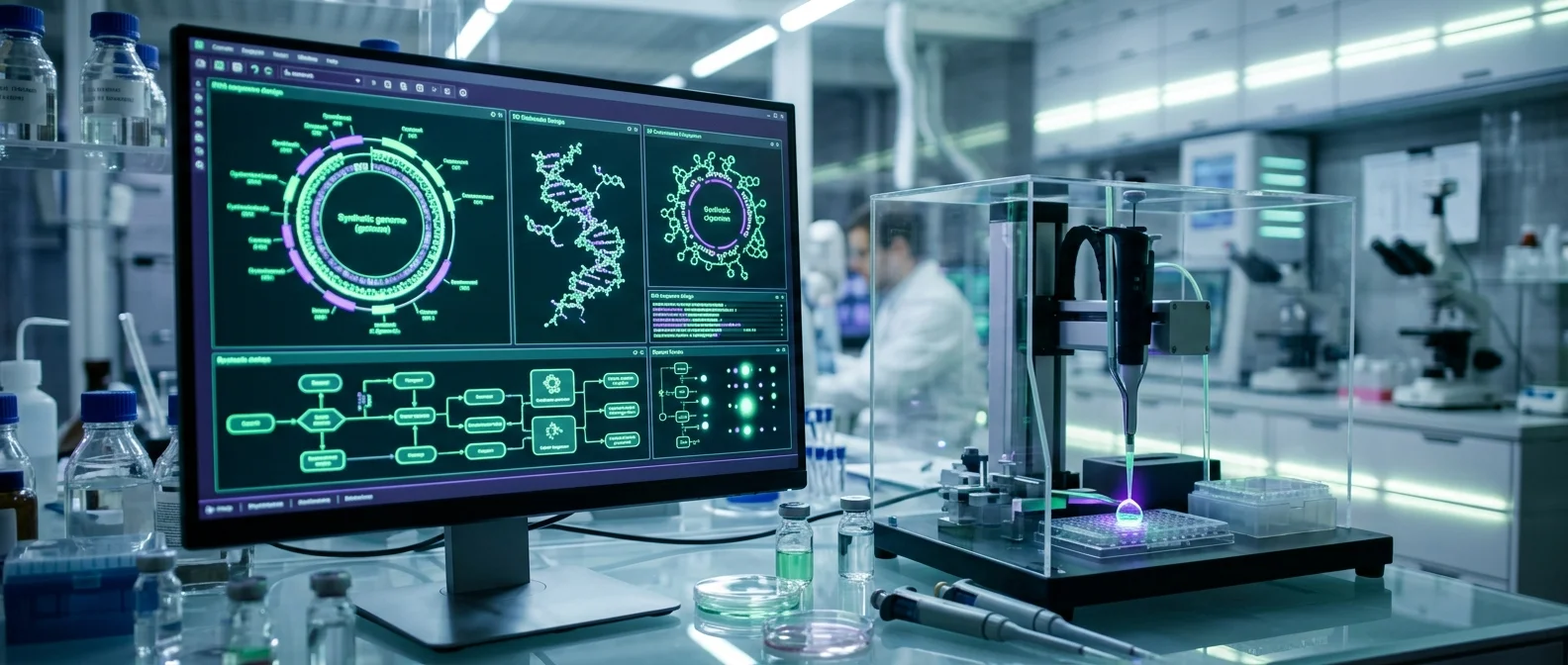 Εικόνα συνθετικής βιολογίας που δείχνει τεχνητούς οργανισμούς και DNA προγραμματισμό σε εργαστηριακό περιβάλλον