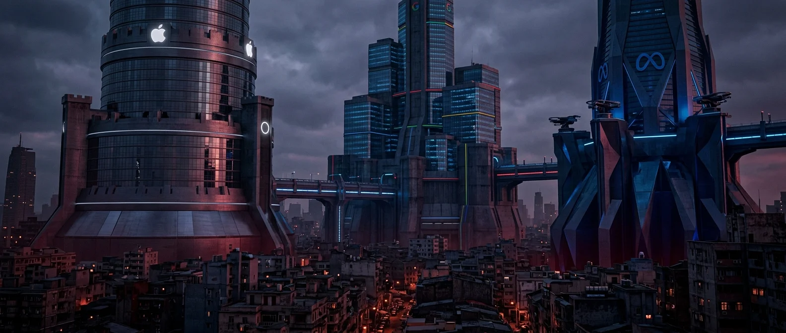 Techno-feudalism: visual representation of Big Tech companies as modern feudal lords controlling digital platforms