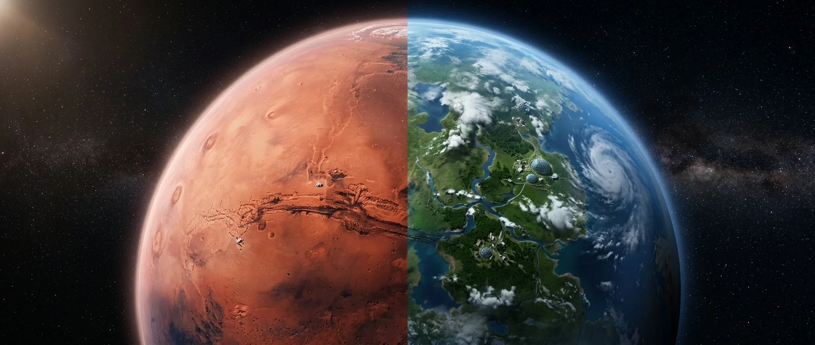 Artistic rendering of terraformed Mars with green vegetation and blue atmosphere