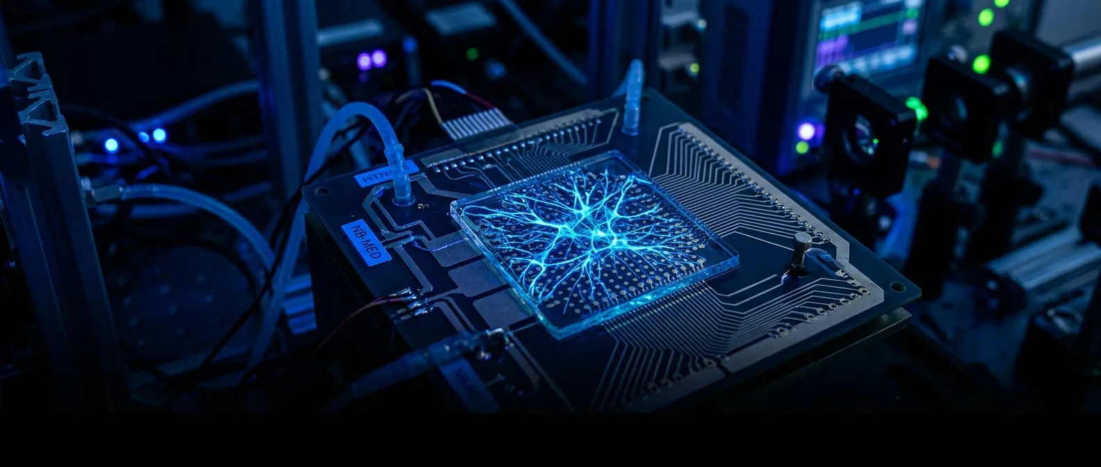 Human brain cells growing on a computer chip with electrical connections for biological computing research