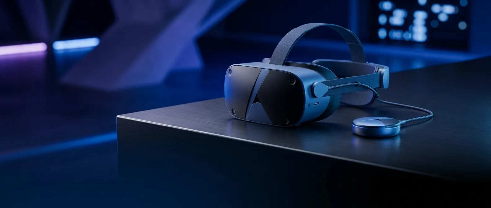 Meta Puffin ultralight VR headset with pocket-sized compute puck showing tethered design