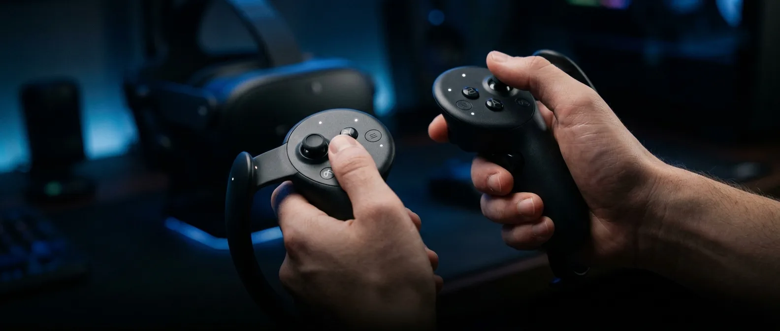 Meta Quest 3 Touch Plus controllers without tracking rings showing LED faceplate design