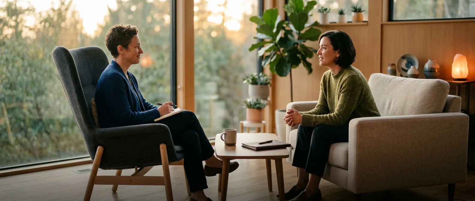 Therapist and patient in ACT therapy session focusing on psychological flexibility