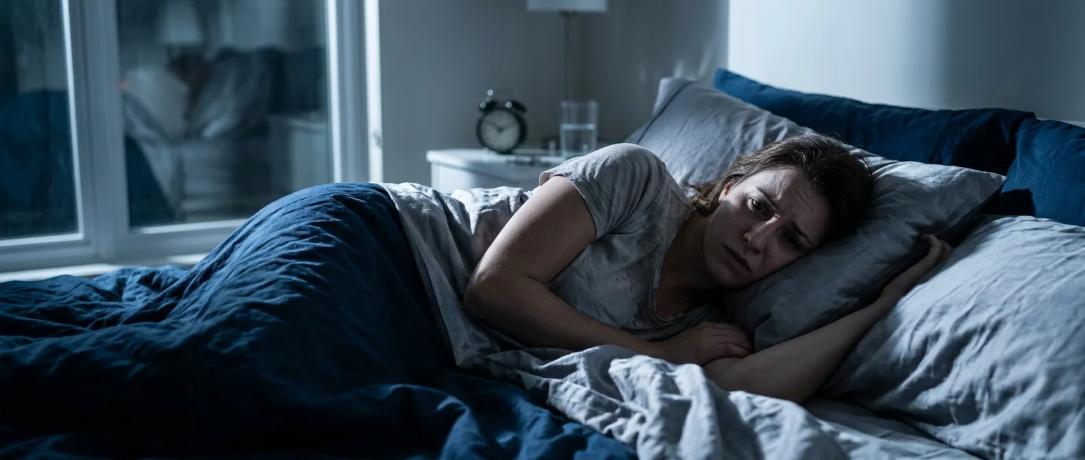 Person lying awake at 4 AM experiencing anxiety-induced dreams and sleep disruption