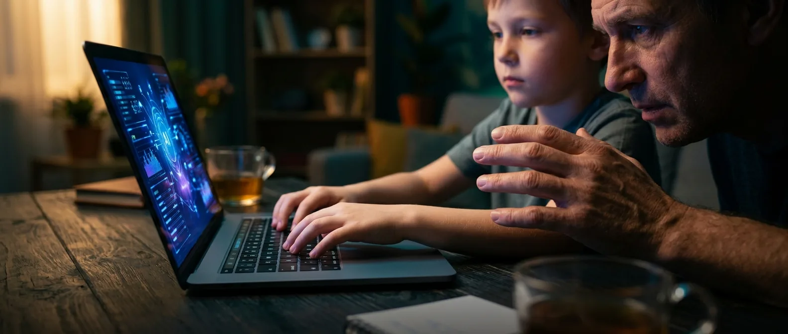 Brain diagram showing cognitive differences between adults and children when using AI tools