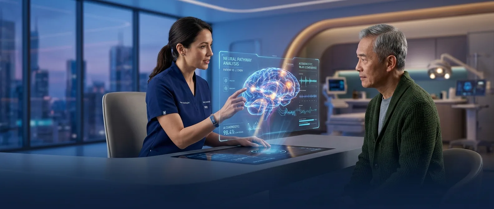 AI therapist analyzing patient data on multiple screens showing personalized mental health recommendations