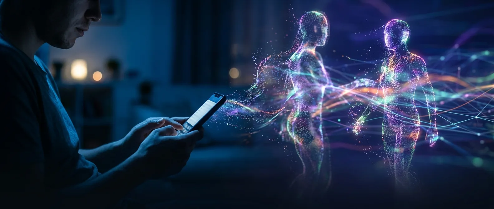 Person staring intensely at computer screen showing AI chatbot conversation, illustrating digital folie à deux phenomenon