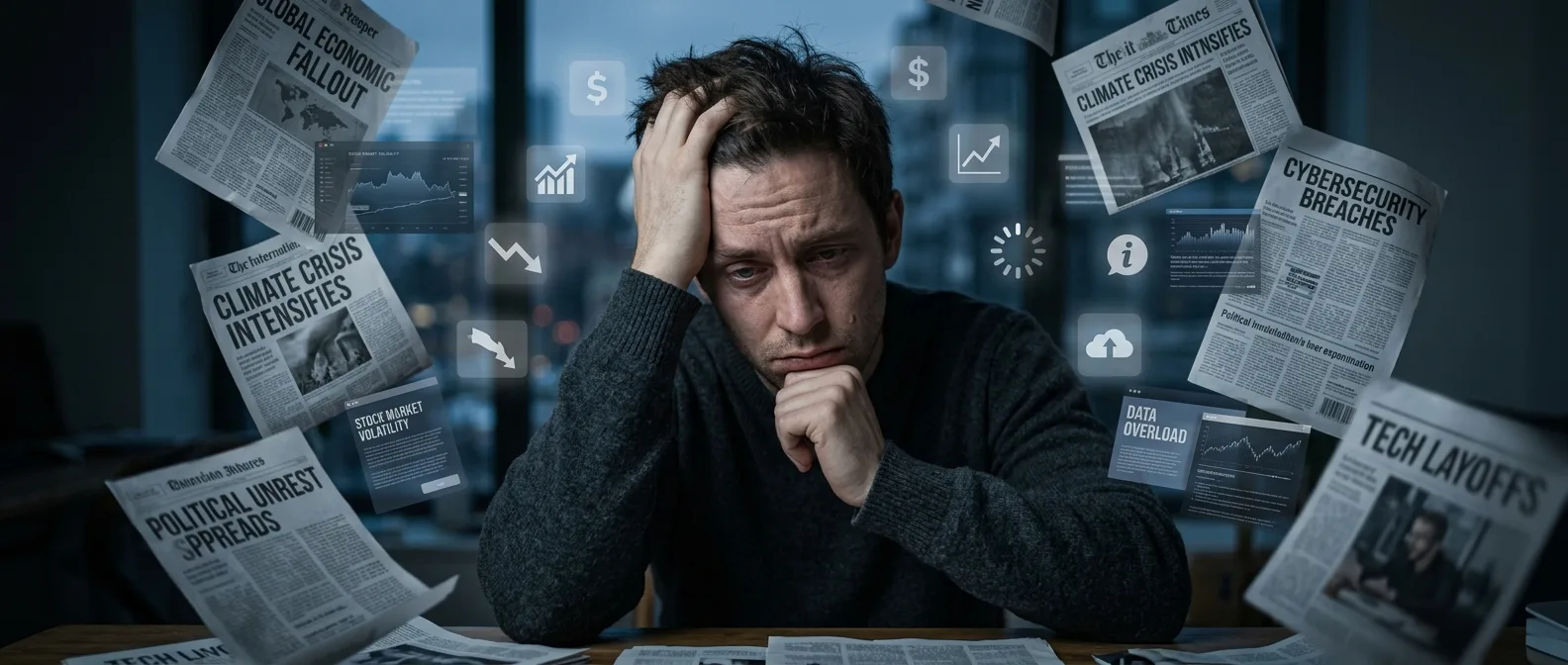 Brain overwhelmed by information streams showing epistemic fatigue symptoms