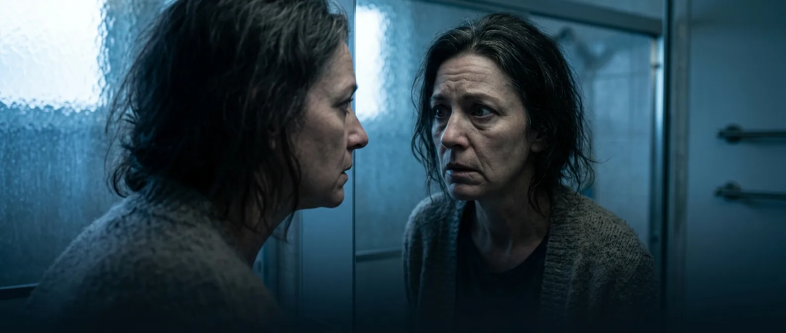 Woman experiencing aging anxiety while looking in mirror, showing connection between psychological stress and cellular aging