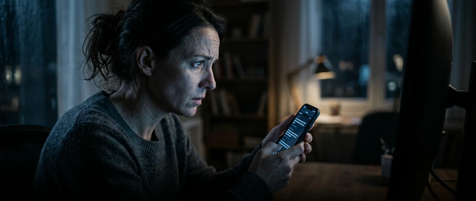 Person scrolling through negative news on smartphone showing stress and anxiety symptoms