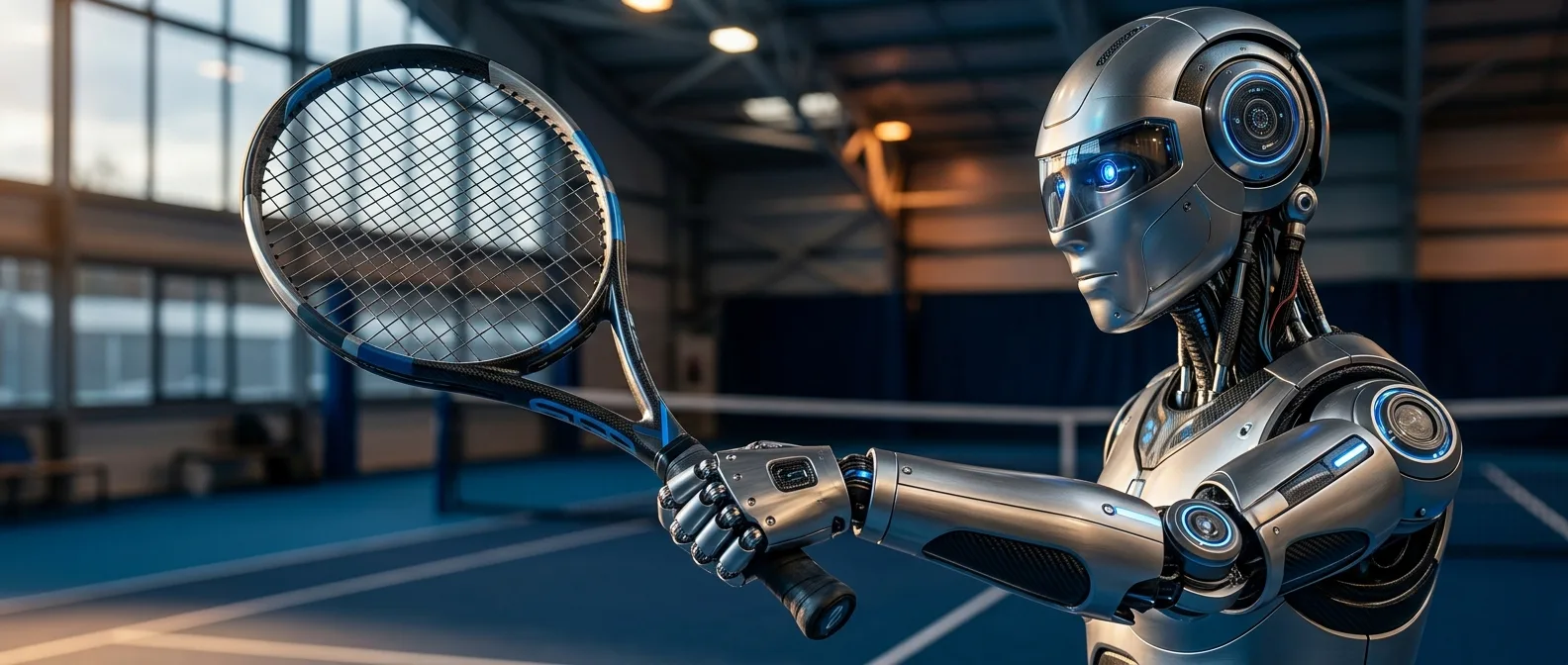 Humanoid robot holding tennis racket preparing to hit ball during training session