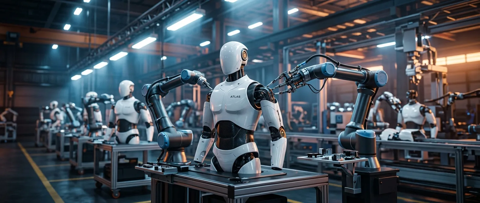 Boston Dynamics Atlas robot on factory assembly line production facility