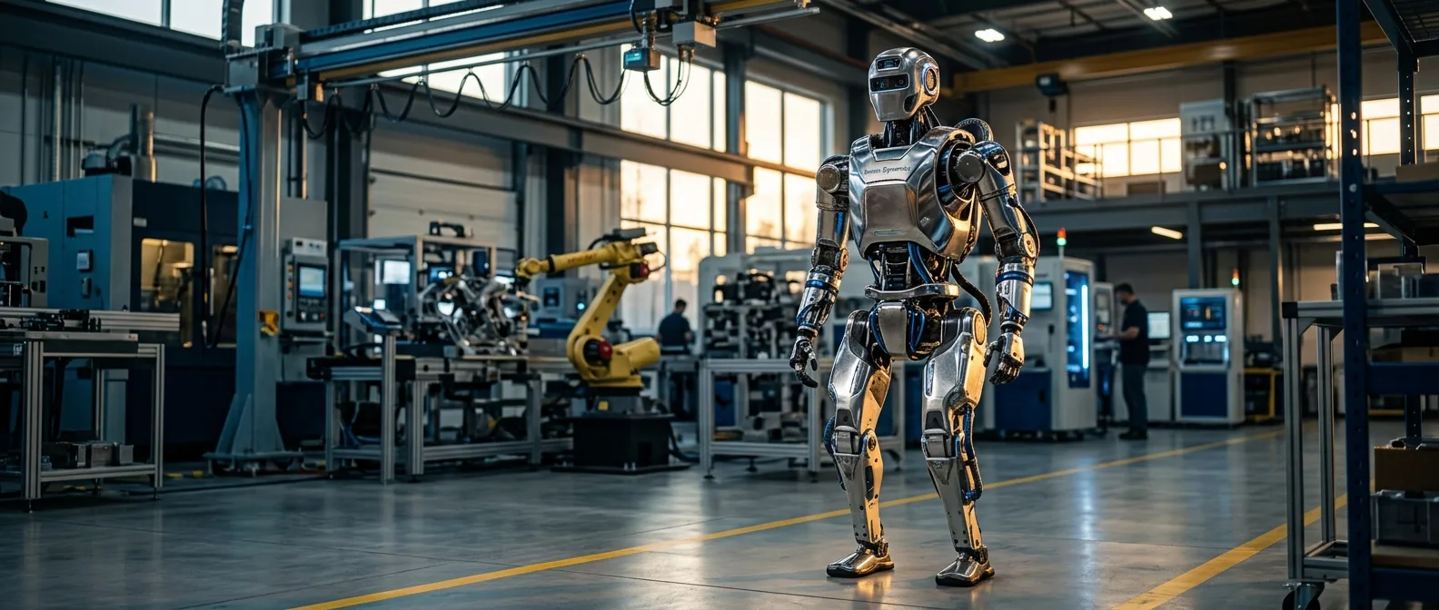 Boston Dynamics Atlas humanoid robot working in factory production line with industrial equipment