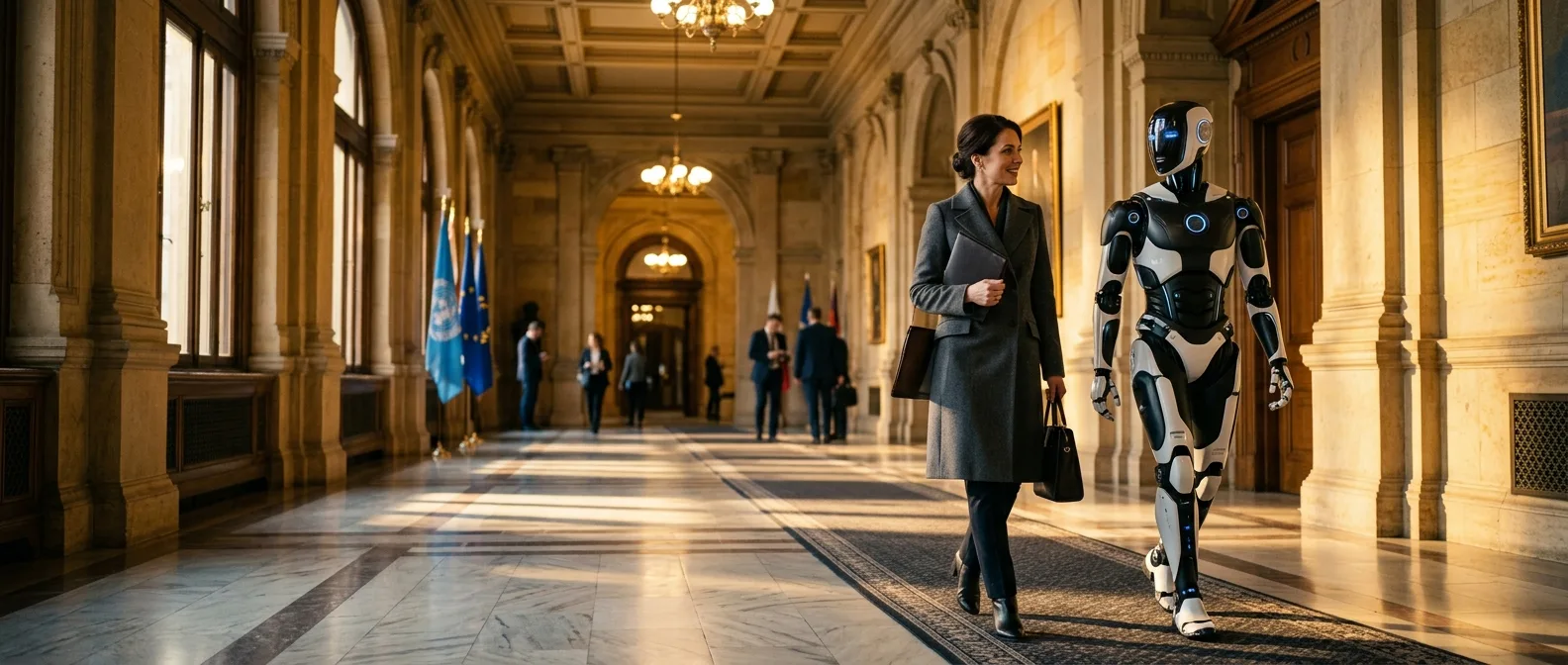 Figure 03 humanoid robot walking through White House corridors with First Lady Melania Trump during education summit