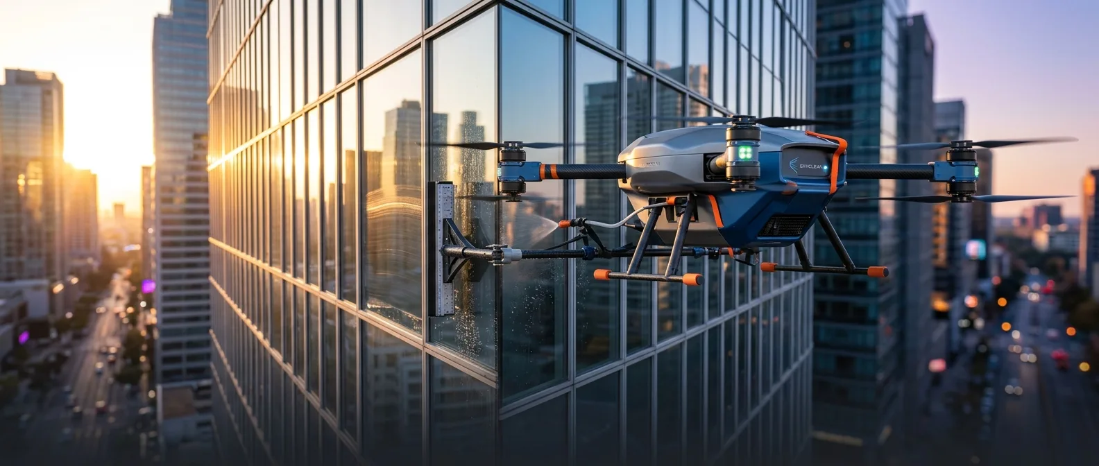 Lucid Bots Sherpa drone cleaning windows on high-rise building with robotic precision