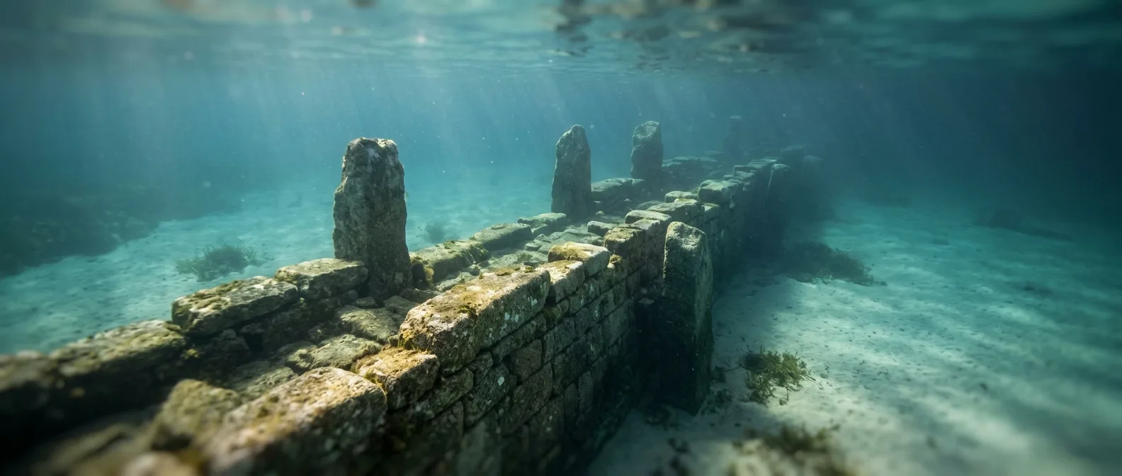 Ancient granite stone wall submerged 30 feet underwater off Brittany coast, discovered by marine archaeologists