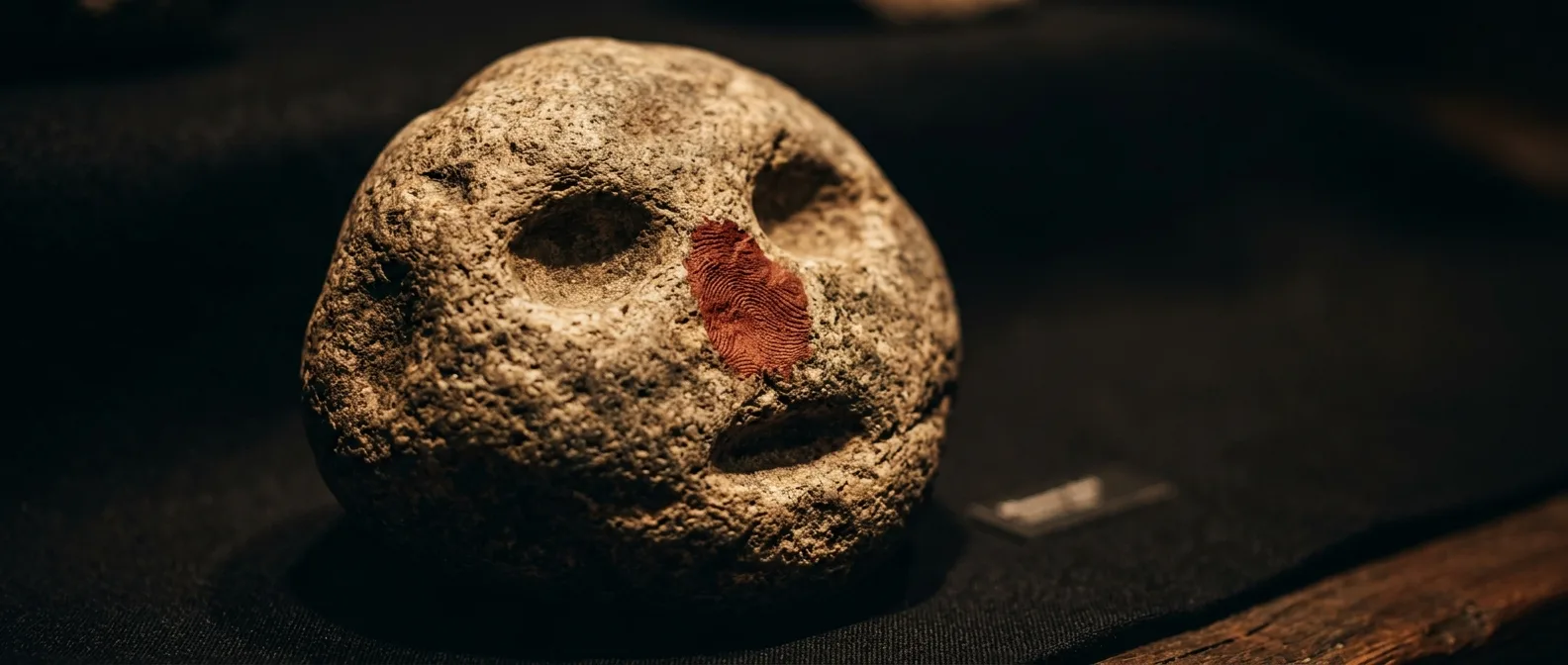 43,000-year-old Neanderthal fingerprint preserved in red ochre on face-shaped rock from Spanish cave
