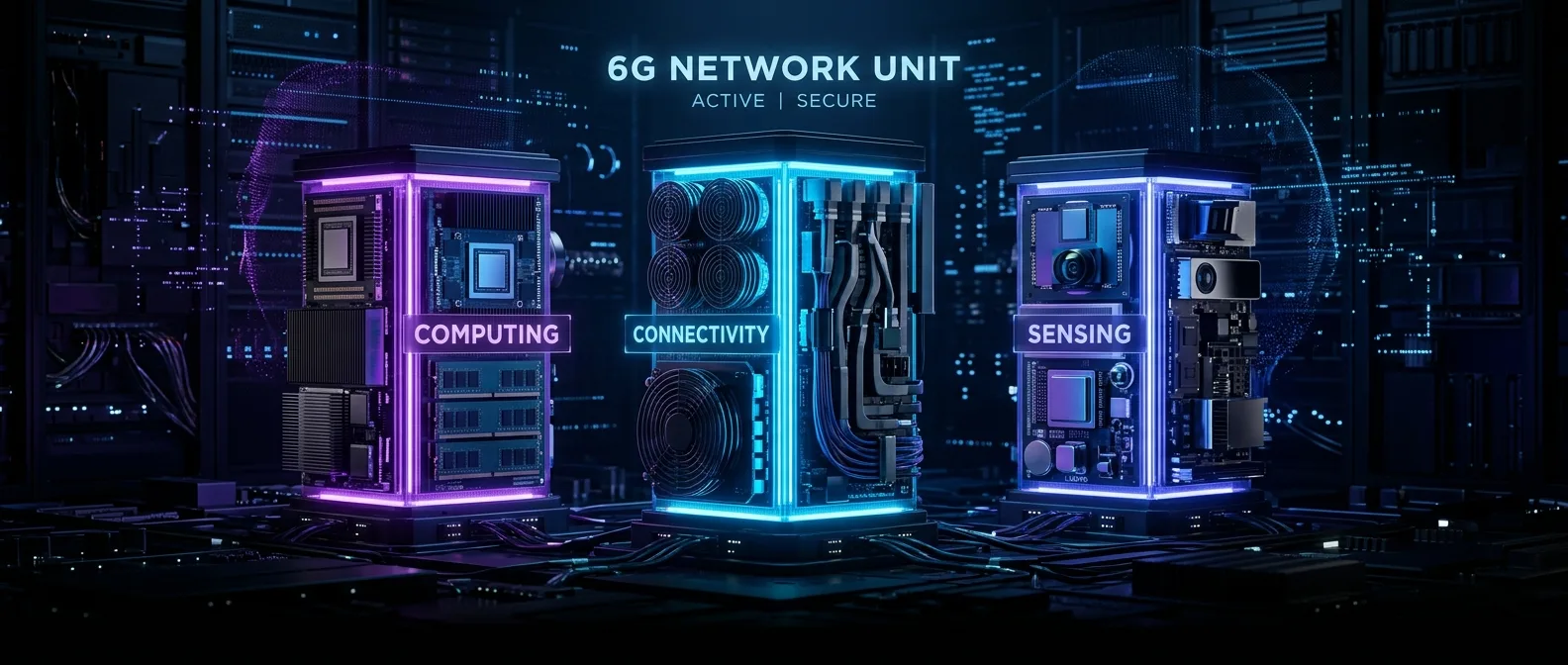 Qualcomm's 6G three-pillar architecture diagram showing connectivity, computing, and sensing integration