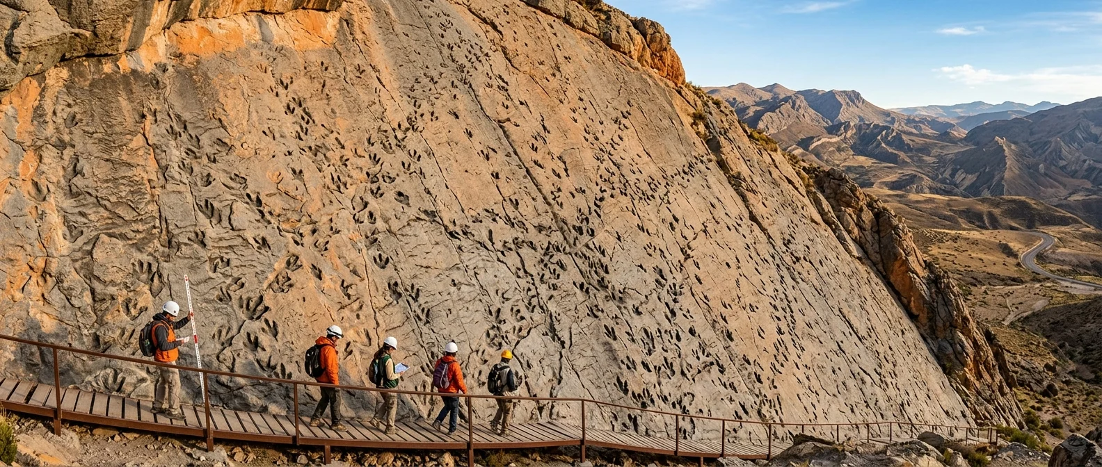 Thousands of dinosaur tracks preserved on the vertical limestone cliff face at Cal Orcko quarry in Bolivia showing ancient footprint patterns