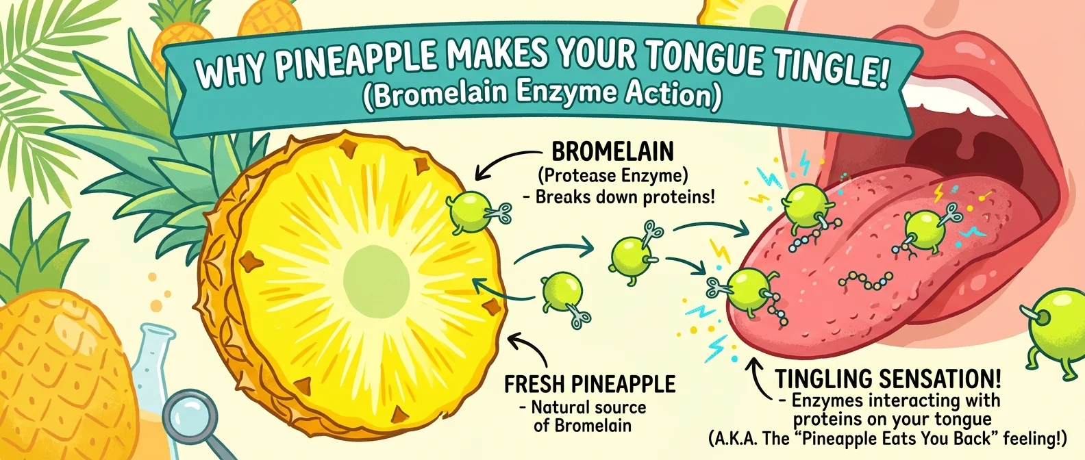 Fresh pineapple cross-section showing bromelain enzyme activity digesting proteins