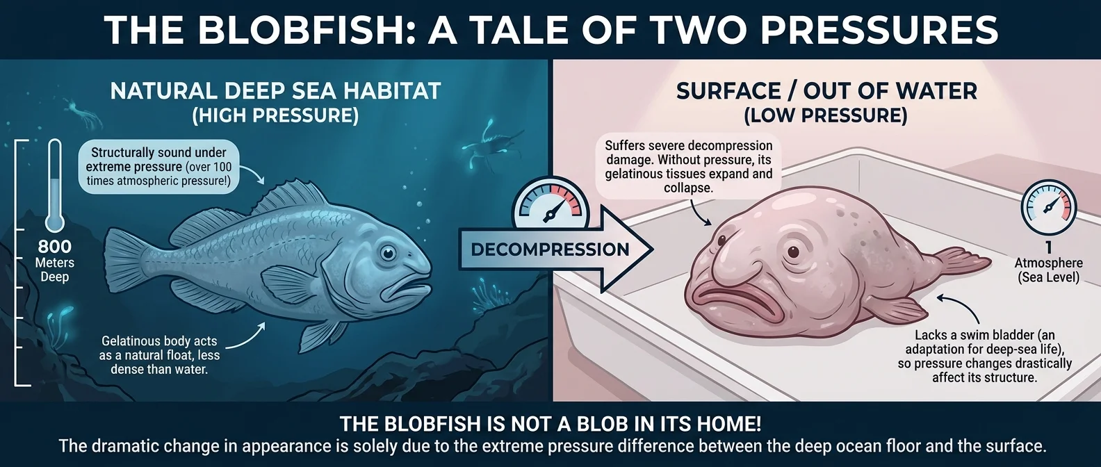 Blobfish in natural deep sea habitat showing normal fish appearance versus decompressed specimen