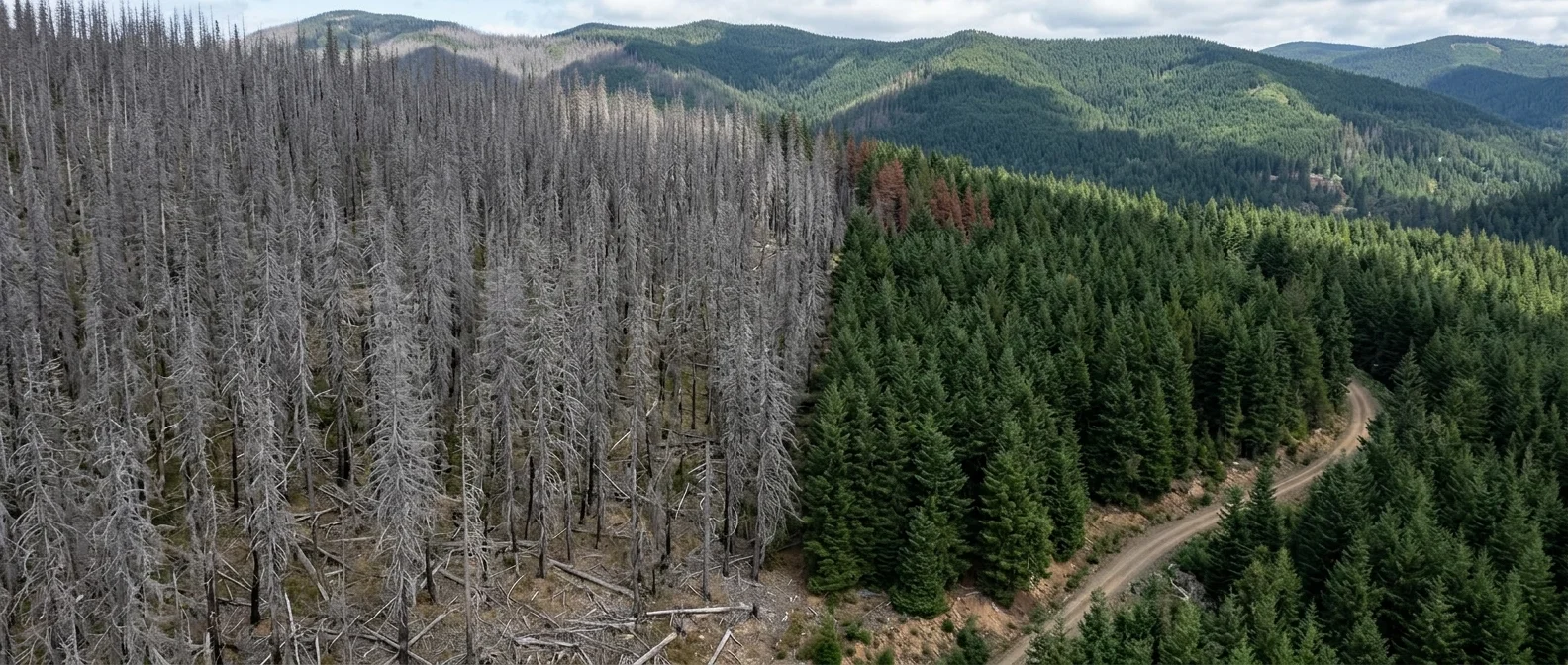 Dead brown trees scattered across a forest showing signs of bark beetle damage and drought stress