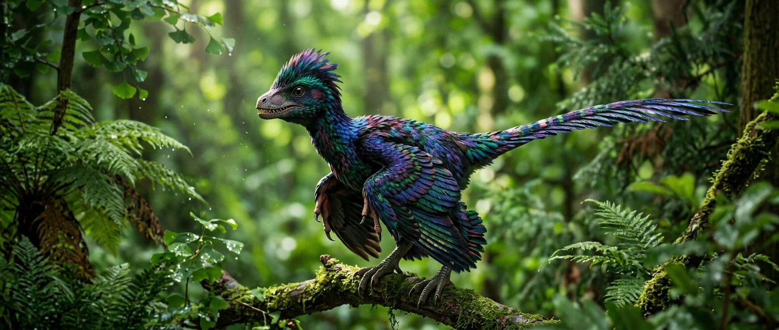 Feathered dinosaur fossil showing preserved plumage structures and filamentous integument