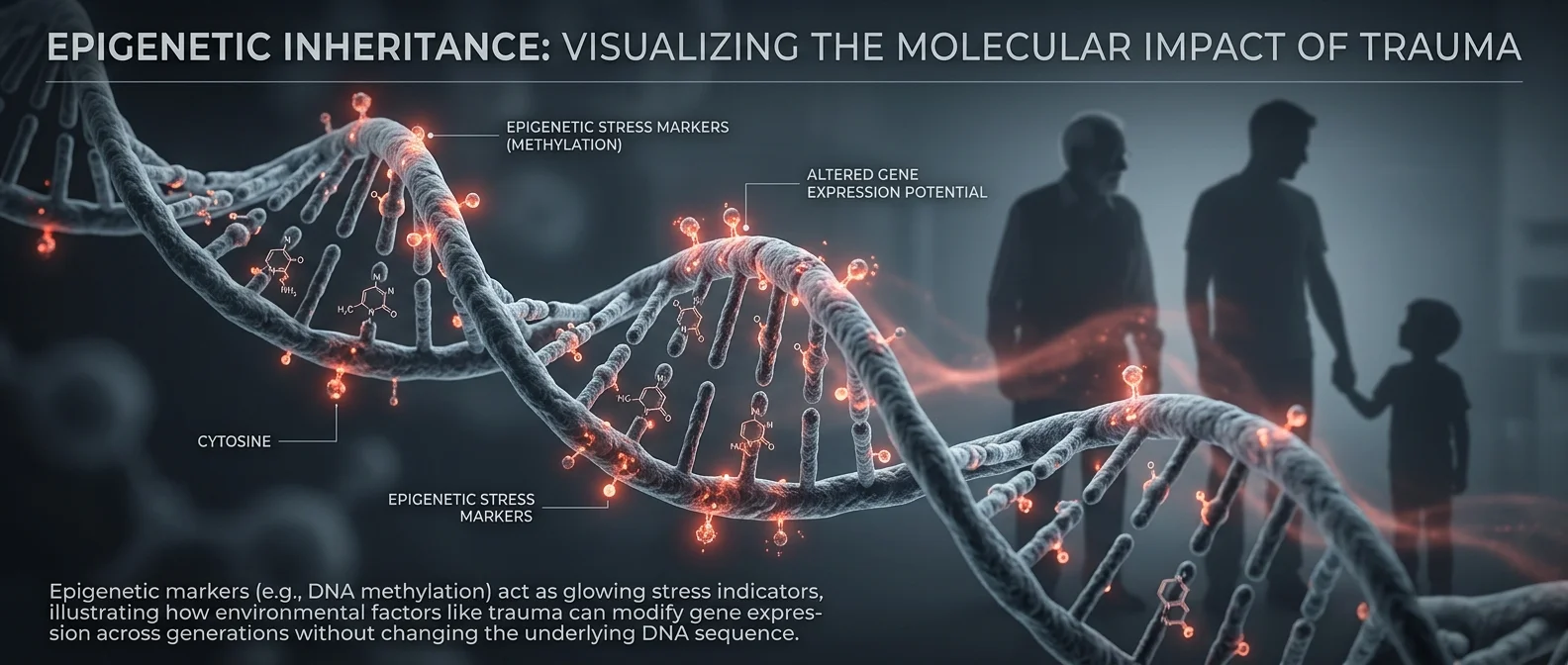 DNA double helix showing epigenetic modifications that transmit trauma across generations