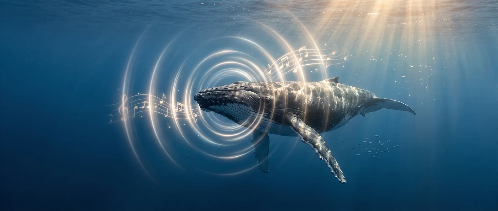 Humpback whale singing underwater with sound waves visualized in deep ocean