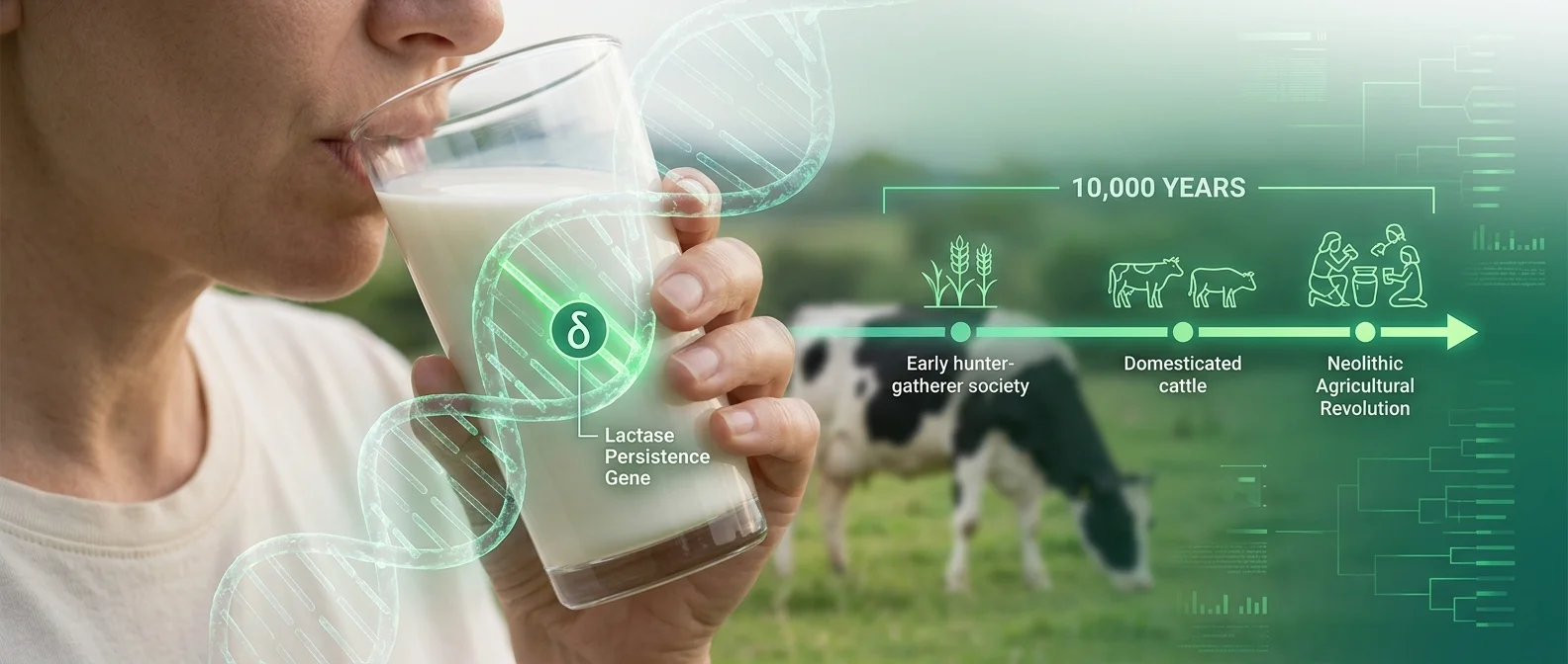 Evolutionary timeline showing the lactase persistence mutation spread across human populations over 10,000 years