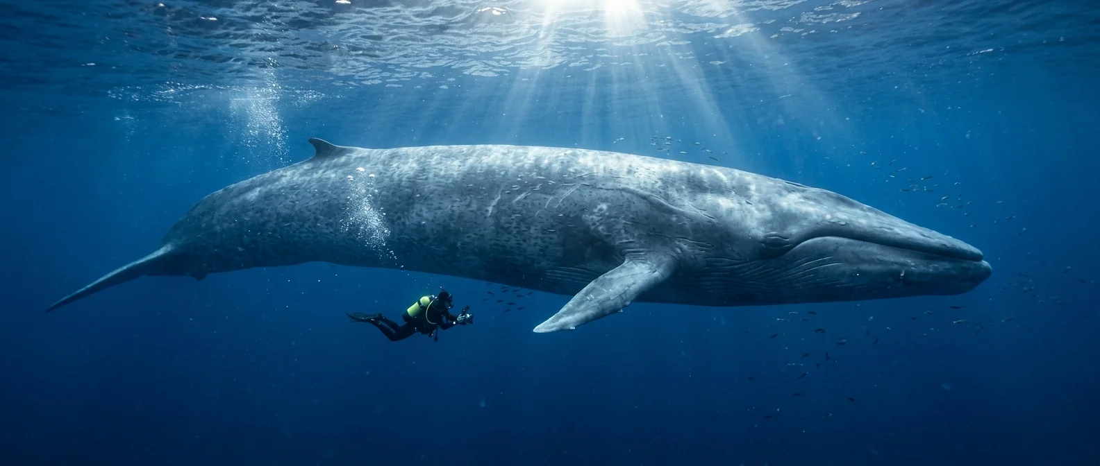 Blue whale swimming in deep ocean waters showing massive scale and distinctive blue-gray coloration