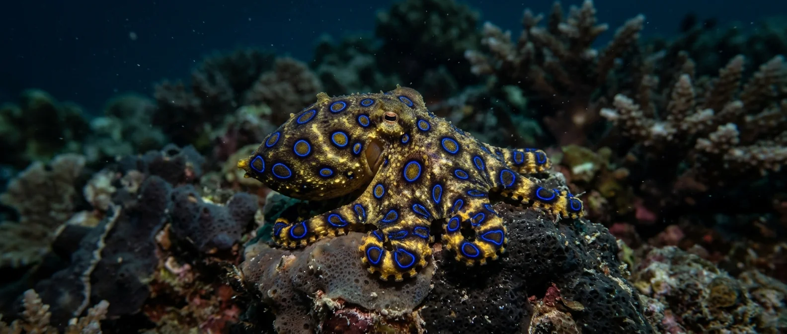 Blue-ringed octopus displaying warning colors on coral reef