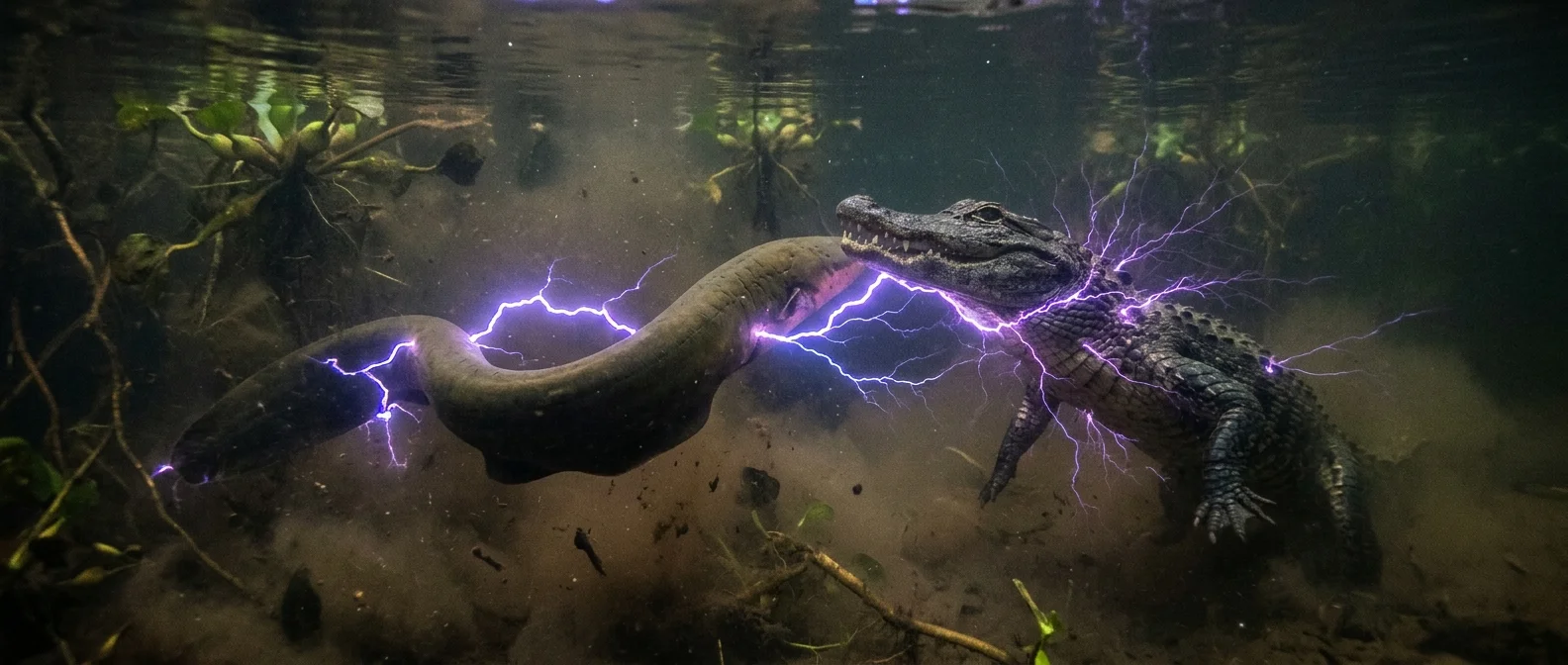 Electric eel Electrophorus voltai producing 860 volt discharge in Amazon waters