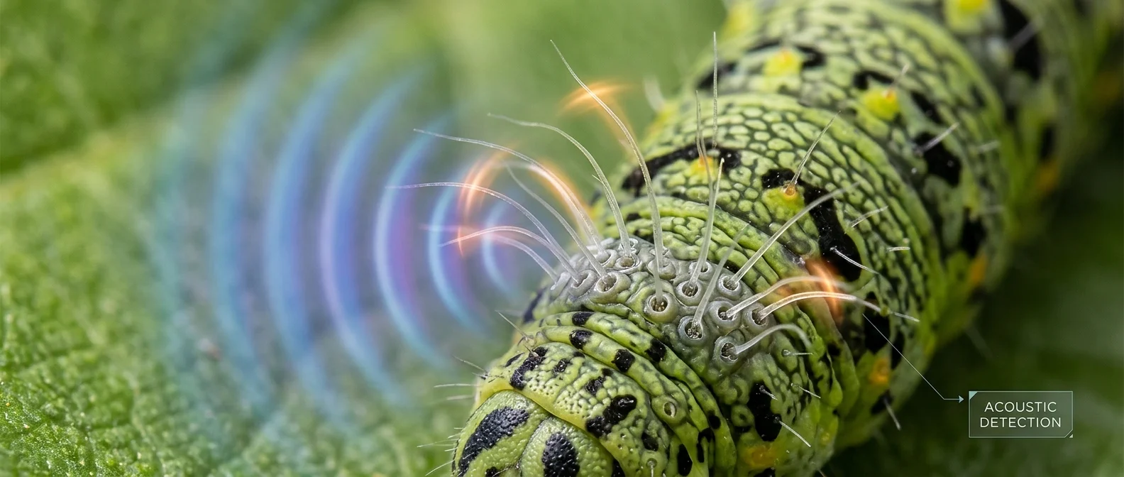 Caterpillar with microscopic sensory hairs detecting sound vibrations without traditional ears