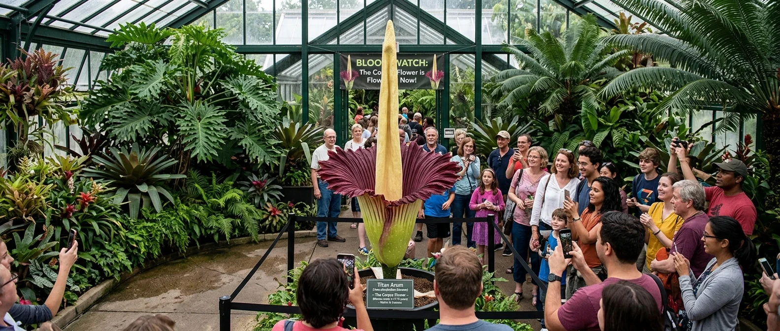 Corpse flower Amorphophallus titanum blooming with massive dark red spathe and towering spadix