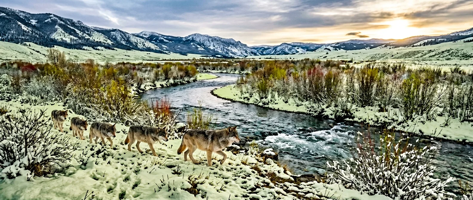 Gray wolves in Yellowstone National Park landscape showing ecological restoration
