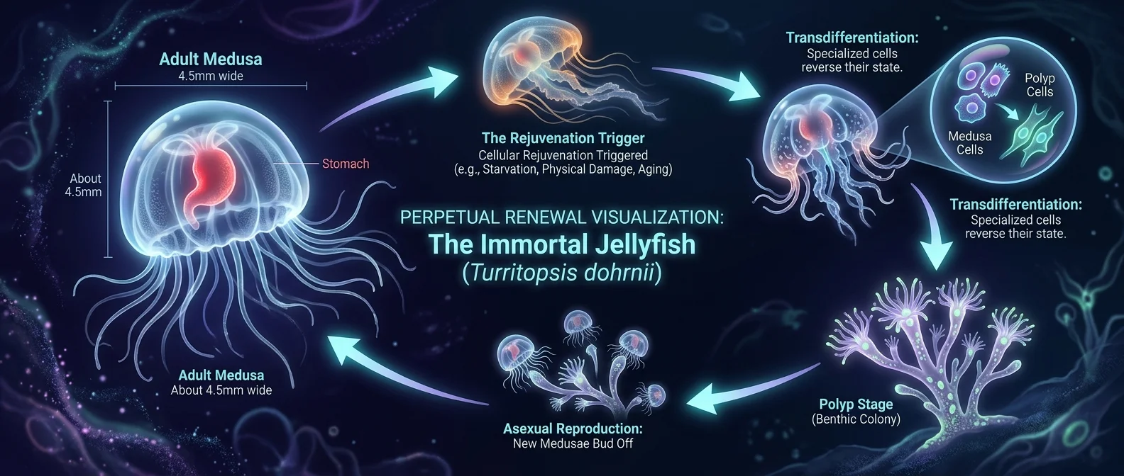 Turritopsis immortal jellyfish transparent bell with red stomach visible under microscope
