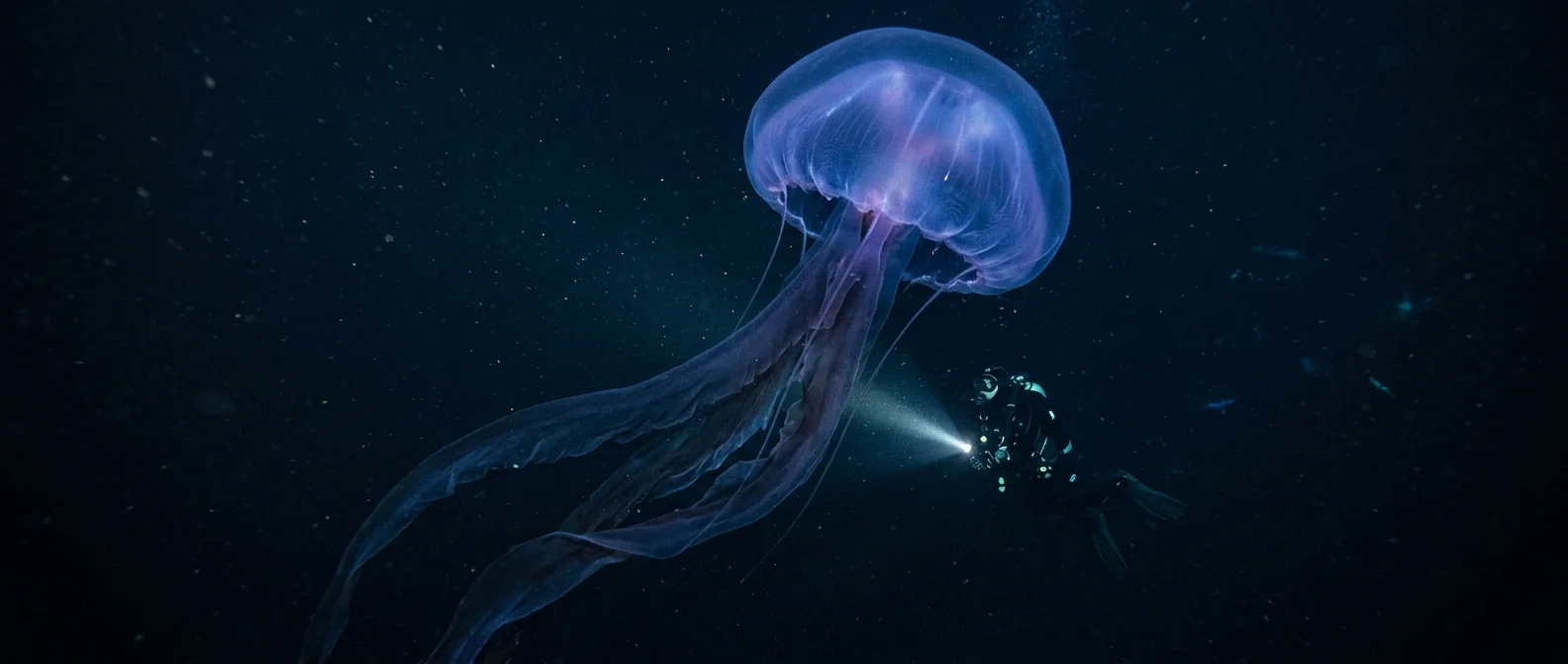Giant phantom jellyfish Stygiomedusa gigantea deep sea crimson bell with trailing arms