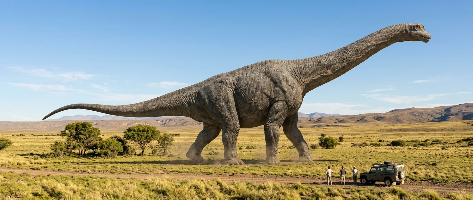 Massive Patagotitan titanosaur walking through prehistoric landscape, showcasing its enormous size compared to surrounding trees