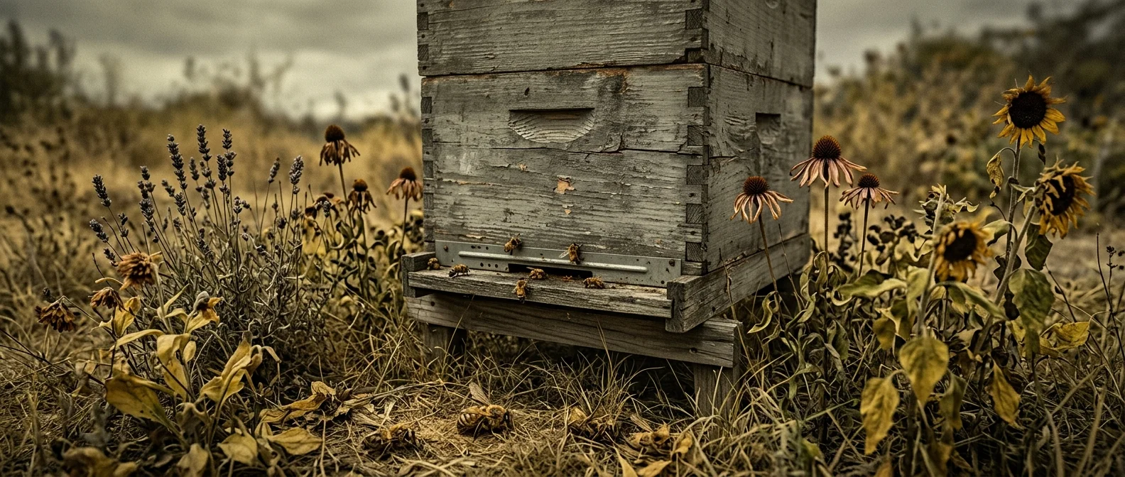 Honeybee colonies experiencing massive die-offs due to neonicotinoid pesticides and Varroa mites in 2026