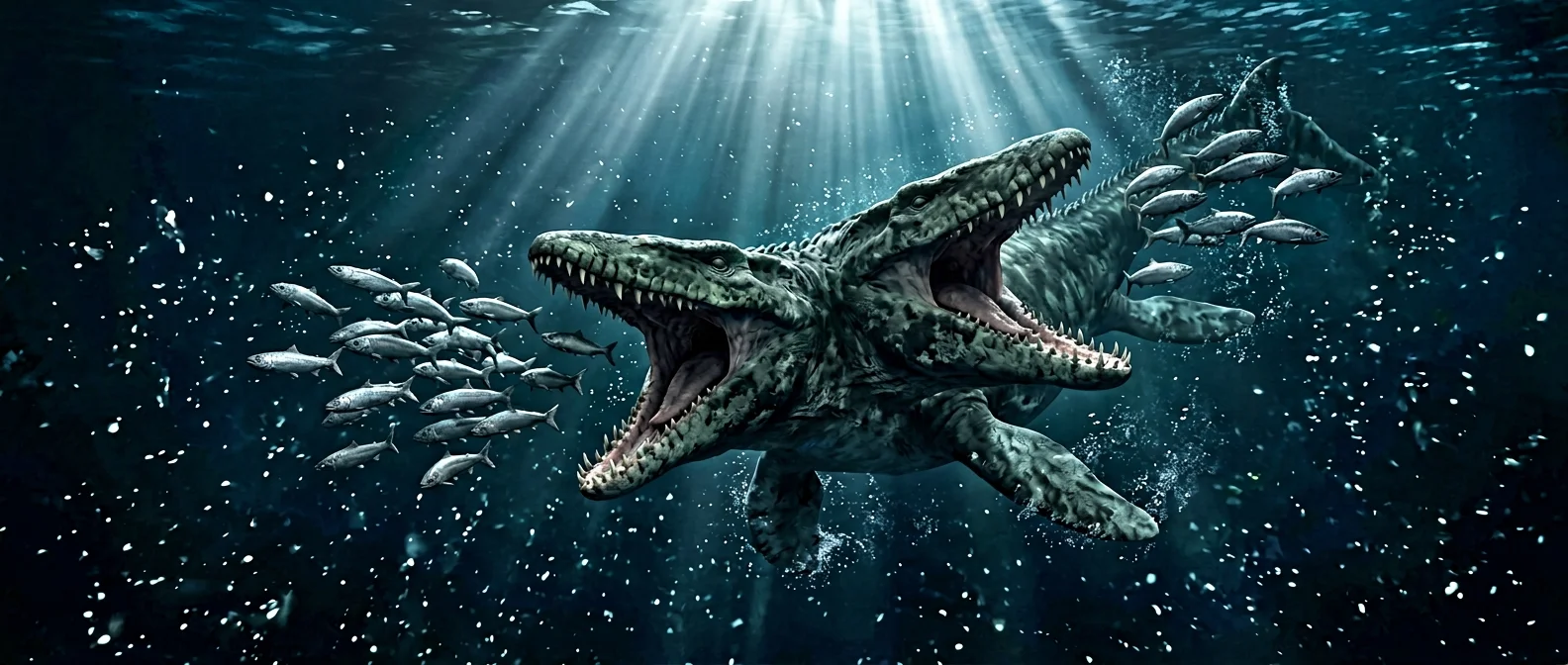 Mosasaurus emerging from prehistoric ocean waters with massive jaws open, showing its true size compared to marine life