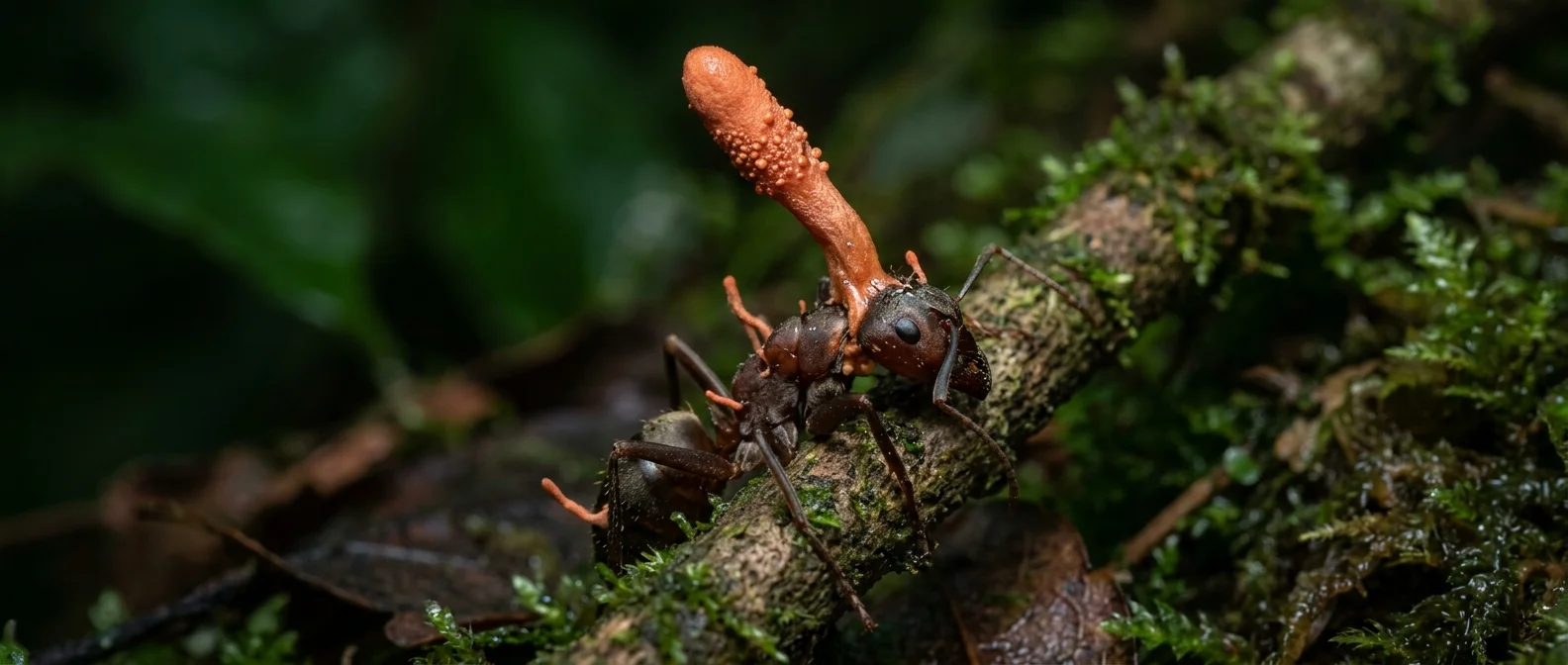 Zombie fungus controlling carpenter ant behavior with fruiting body emerging from head