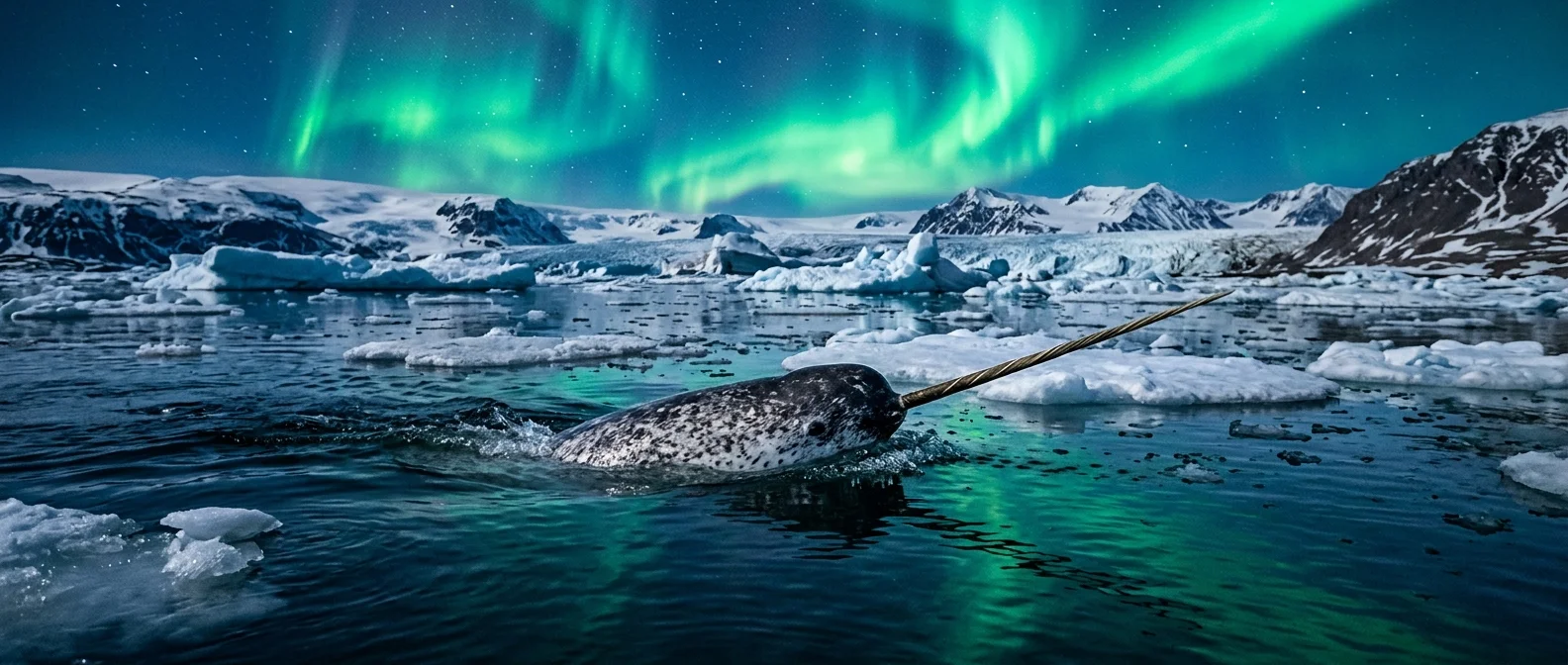 Narwhal swimming in Arctic waters with distinctive spiral tusk visible