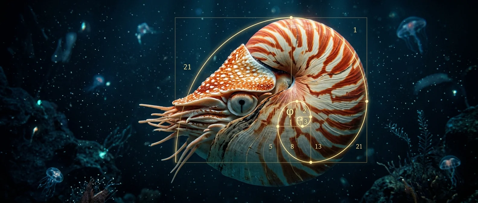 Chambered nautilus showing spiral shell with internal chambers and extended tentacles