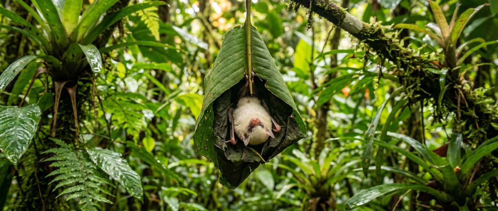 Tent-making bats creating leaf shelters in tropical rainforest